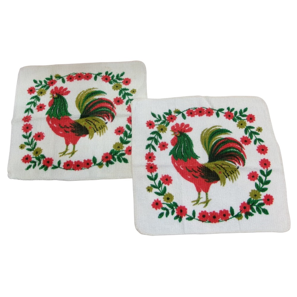 Vintage Sayco Prints California Rooster Floral Cotton Dish Cloths Set of 2 USA